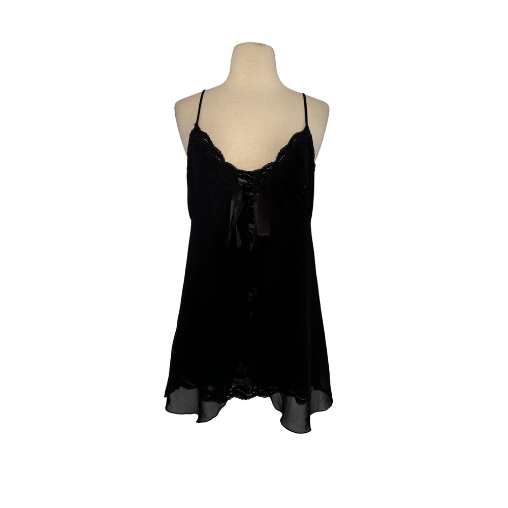 Victoria's Secret Black Lace Chemise Sheer Chiffon Overlay Ribbon Tie Lingerie M